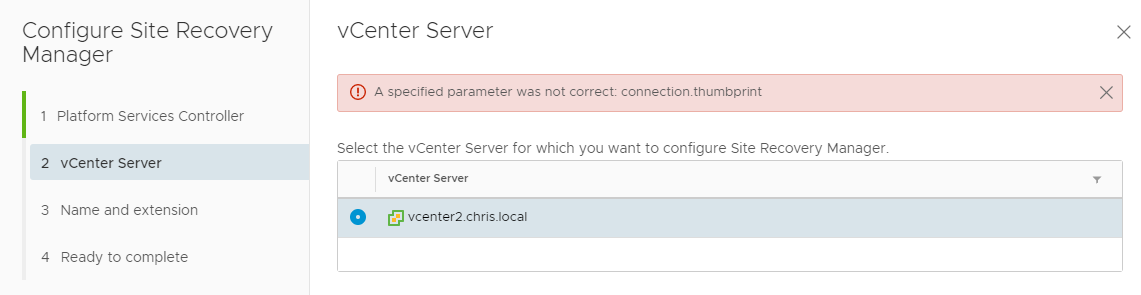 Installing SRM 8 2 Appliance Error A Specified Parameter Was Not Correct Connection thumbprint 